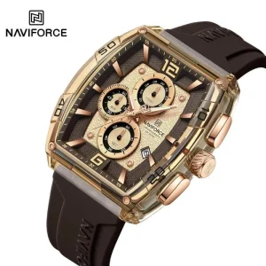 NaviForce NF6101 Men's Fashion Barrel Dial Shape Transparent Multifunction Silicon Strap Watch  - Brown/Rosegold