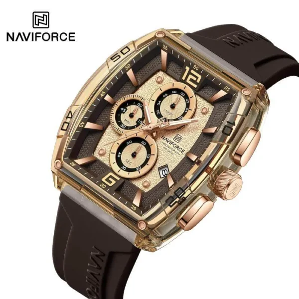 NaviForce NF6101 Men's Fashion Barrel Dial Shape Transparent Multifunction Silicon Strap Watch  - Brown/Rosegold