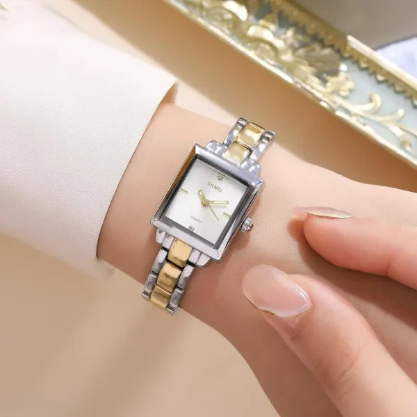 SKMEI 2315 Women's Elegant Rectangle Shape Ultra Thin Stainless Steel Analog Watch - Silver/Golden - Image 2