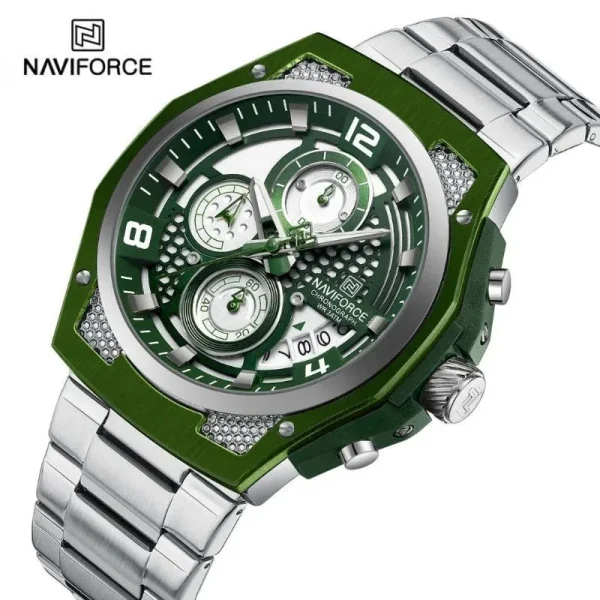 NaviForce NF8051 Men's Fashion Multifunction Chronograph Date Display Stainless Steel Watch - Green/Silver