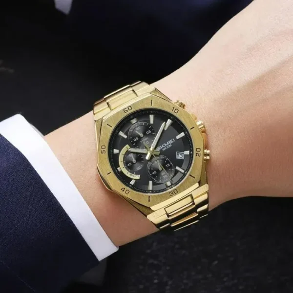 SKMEI 2452 Men's Classic Chronograph Stainless Steel Luminous Date Display Quartz Watch - Golden - Image 2