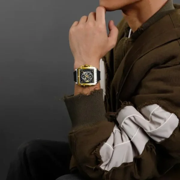 NaviForce NF8064 Men's Fashion Hollow Design Square Dial Silicon Strap Watch - Black/Golden - Image 2