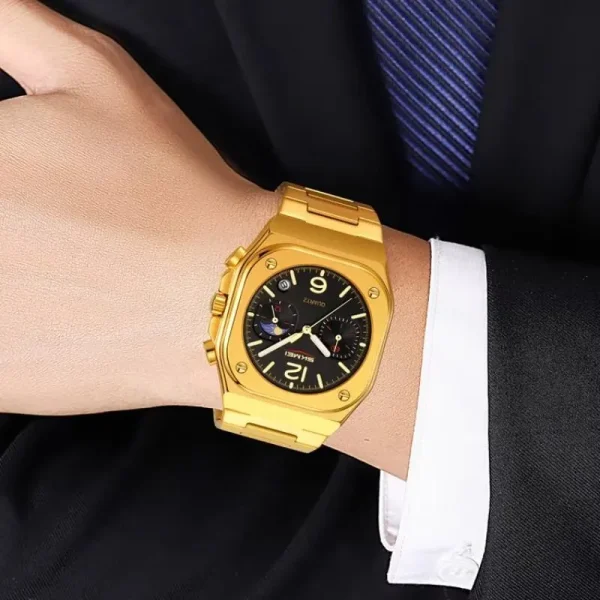 SKMEI 9368 Men's Business Elegant Chronograph Moonphase Square Shape Dial Stainless Steel Watch - Black/Golden - Image 2